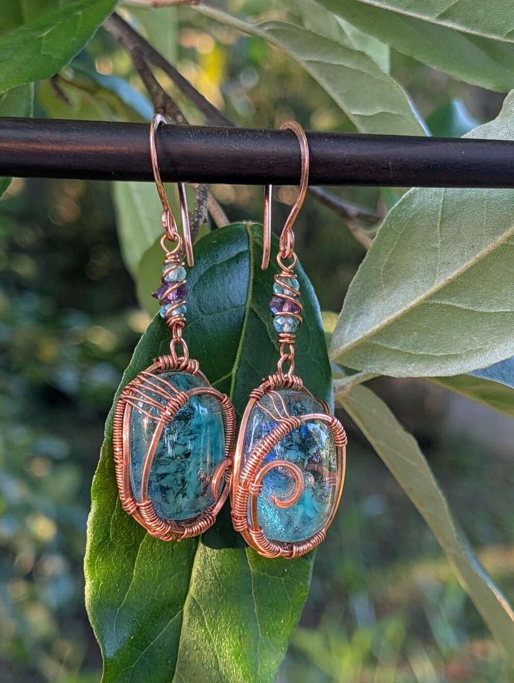 Mermaid Goddess Earrings - Artisan Dichroic Glass with Natural Gems in Copper - Picture 16 of 16
